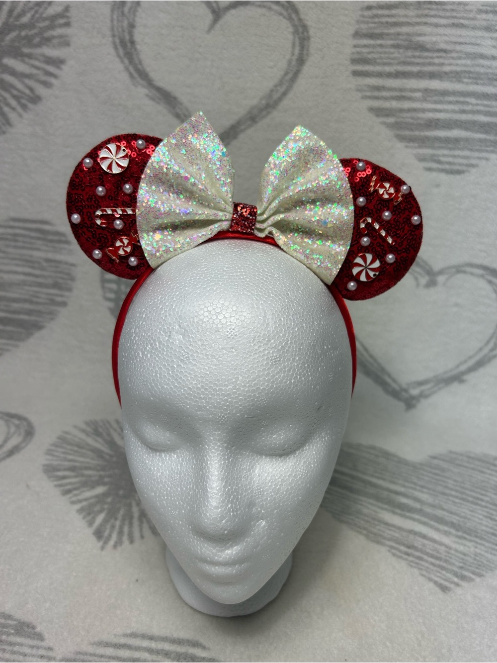 Red sequins Minnie Mouse Christmas candy cane snowflake ears